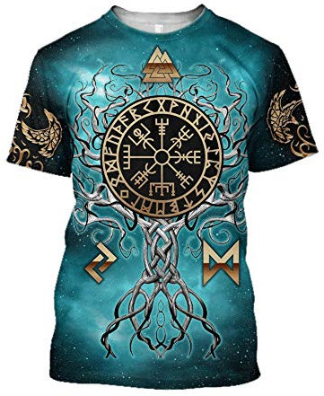 BBYOUTH Odin Shirt Männer Nordic Gottvikinger Tattoo Sommer Oansatz Kurzarm 3D Gedruckt T-Shirt,Vegvisir,L