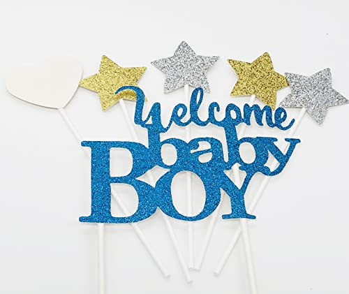 AILEXI 6 Zählungen Glitterkuchen dekorieren Topper für Geschlecht enthüllen - Willkommen Baby Boy Set - Hellblau