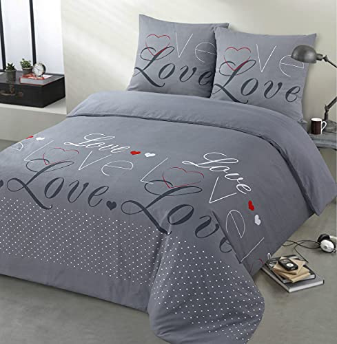 VISION - Bettwäsche Flanell Love Gray – Bettbezug 200 x 200 cm mit 2 passenden Kissenbezügen 65 x 65 cm – 100% Baumwolle