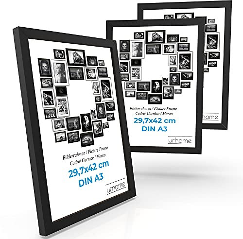 Urhome Bilderrahmen DIN A3 29,7 x 42 cm aus Abachi Holz Schwarz für Aufhängung 3 Stück - Kunststoffscheibe Ayous Fotorahmen für Bilder Kunstdrucke Fotos Gemälde Rahmen zum Aufstellen