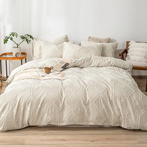 Getuftet Boho Bettwäsche-Set mit Stickerei Shabby Chic, 1 x Bettbezug 220x240 cm mit 2 x Kissenbezüge 50x70 cm und Reißverschluss, Bohemien Einfarbig Modern 100% Microfaser Bettwäsche - Beige