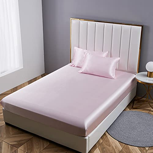 Damier Spannbettlaken 180x200cm Rosa Satin Seide Glänzend Bettlaken Hochwertiges Deluxe Unifarben Spannbetttuch, geeignet für Matratzen bis 30cm