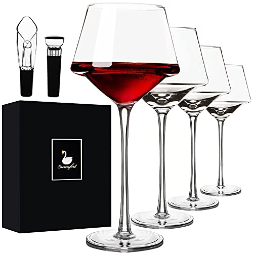 Swanfort Red Wine Glasses Set of 4, 460ml Elegant Long Stem Wine Glasses in Gift Box, Premium Glassware for Wedding, Anniversary, Birthday Gifts
