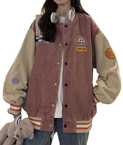 ORANDESIGNE Veste Baseball Femme Blouson Baseball Homme Bomber Jacket Casual à Manches Longues Veste Collège Varsity Jacket Oversize Oldschool Jacket Vintage Veste Sport M Rose XS