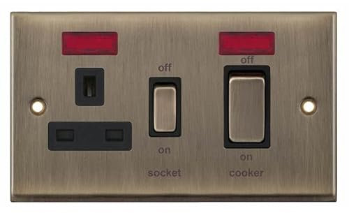 Selectric Antique Brass 45A DP Cooker Switch and 13A Switched Plug Socket with Neon and Black Insert 7M-Pro