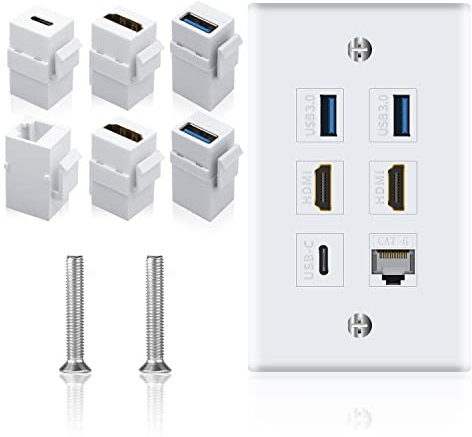 Poyiccot Outlet Wall Plate for HDMI Ethernet & USB 3.0 & Type C, 6Port 2x HDMI HDTV + 2x USB 3.0 +1x Cat6 RJ45 Ethernet + 1x Type C Keystone Connector for Cable Wall Plate Cover, White