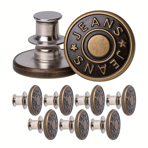 Jeansknöpfe ohne Nähen, 8 Stück, Ø 17 mm, Messing, Bronze-farben, mit Pin | Verstellbare Hosenknöpfe zum Hosenbund enger oder weiter machen, abnehmbar und wiederverwendbar