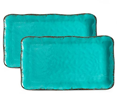 LEHAHA Vintage Melamin Serviertablett, rechteckig, große Serviertabletts/Platten Set zum Servieren von Lebensmitteln, BPA-frei, Servierplatten und Tabletts, 2er-Set, 44,5 x 25,4 cm, Blaugrün