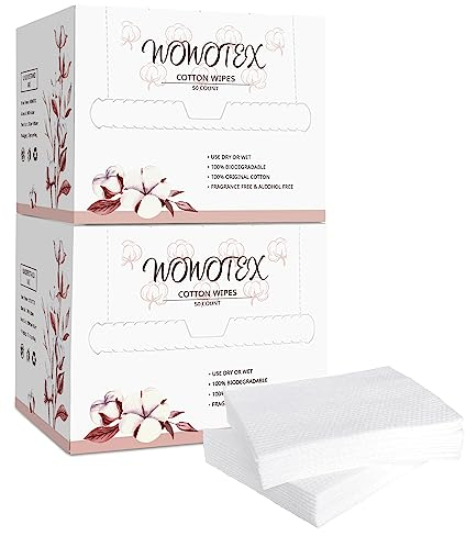 WOWOTEX Lot de 100 serviettes jetables 100 % coton 25,4 x 30,5 cm | Lingettes sèches épaisses et biodégradables pour peaux sensibles, soins de bébé, nettoyage du visage, démaquillage