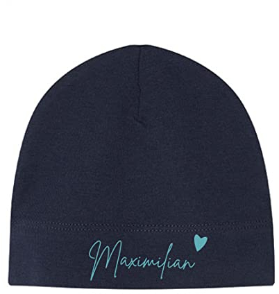 minimutz Kleine Babymütze mit Namen | Personalisierte Mütze Beanie für Baby und Neugeborene | Motiv Herz (dunkelblau)