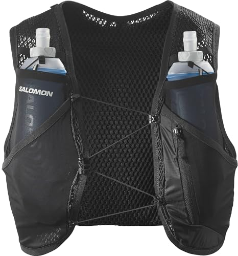 Salomon Active Skin 4 Unisex Hydrationsweste Trail running Wandern MTB mit Hydrationsflaschen, Einfache Flüssigkeitszufuhr, Präzise Passform, Optimierte Verstaumöglichkeiten, Schwarz, L