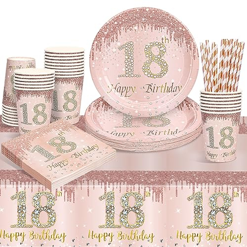 Rosegold Partygeschirr Set, 18. Rosegold Geburtstag Party Geschirr Pappteller Set, Tischdeko Geburtstag Mädchen mit Tischdecken Tassen Strohhalme Servietten für Geburtstagsdeko Mädchen Partys 16 Gäste