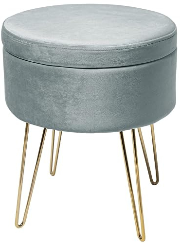 Zedelmaier Schminkhocker samt mit Stauraum Schminktisch Hocker rund fußhocker Pouf fusshocker Polsterhocker für Wohnzimmer Schlafzimmer mit Metallbeinen (Helle Graublau)…