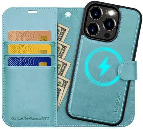 OCASE Kompatibel für iPhone 15 Pro Hülle (2in1) Leder Stoßfestes Case [Abnehmbare magnetische] [Kabelloses Laden] [Kartenfach] Handyhülle RFID Schutzhülle Etui Eisblau