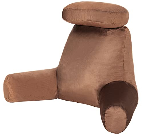 CASART Bed Rest Pillow, Reading Pillow with Support Arms, Pocket & Portable Handle, Lumbar Support Cushion for Reading Watching TV Gaming (Brown)
