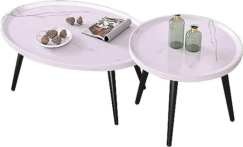 Table Basse Gigogne Ovale,Tables d'appoint Créatives en Bois for Canapé,Ensemble de 2 Tables Basses/Table de Chevet,Pieds en Métal Noir avec Repose-Pieds Réglable,pour Salon Chambre Balcon ( Color : W