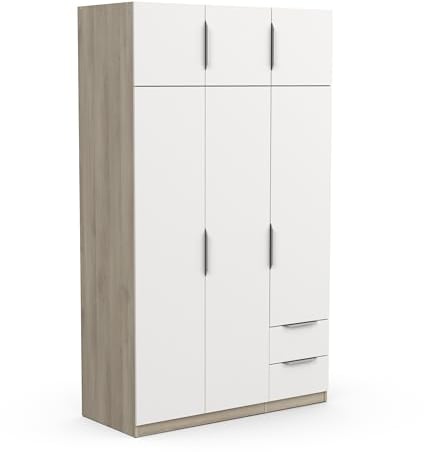 Demeyere 391386 Vestidor con Armario Moderno 6 Puertas 5 estantes 2 cajones, Color Roble Kronberg y Blanco Mate, 119,4 x 51,1 x 203 cm, Madera de ingeniería, Gris