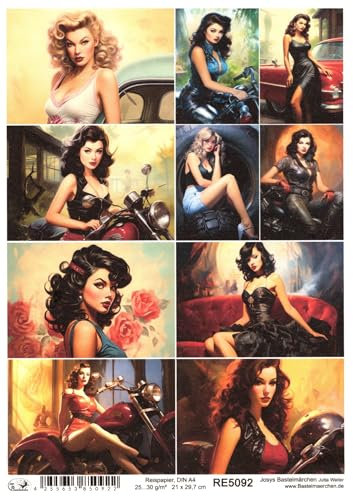 Josys Bastelmärchen Reispapier A4 Strohseide Decoupage Pin-up-Girl Auto Motorrad Sofa RE5092