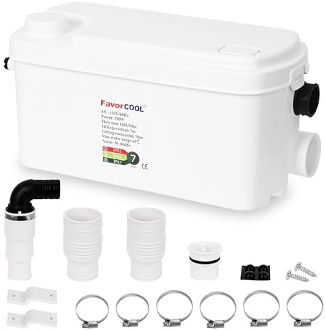 FavorCOOL Macerator Pump Sink Sewerage Pump, 250W Utility Sink Pump Upflush to 22.9ft/7 m with 3 Water Inlets for for Basement, Kitchen, Sink, Shower, Bathtub, Laundry
