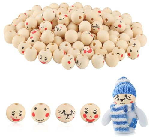 lahnao 120 Stück Smile Holzperlen, 4 Stile Holzperlen mit Gesicht, 20 mm Holzperlen Natur, Holzkugeln mit Loch für DIY Armband Halskette Schmuck, Loch: 5 mm (4 Stile)