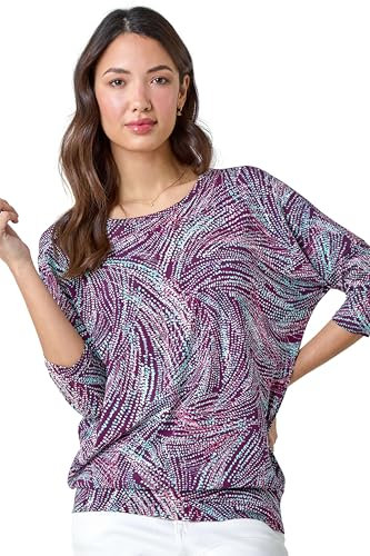 Roman Originals Blouson Top for Women UK Ladies Drop Shoulder Long Sleeve Jersey Stretchy Oversized Casual Office Jumper Soft Everyday Sweater Lounge Sweatshirt Blouses - Purple - Size 18