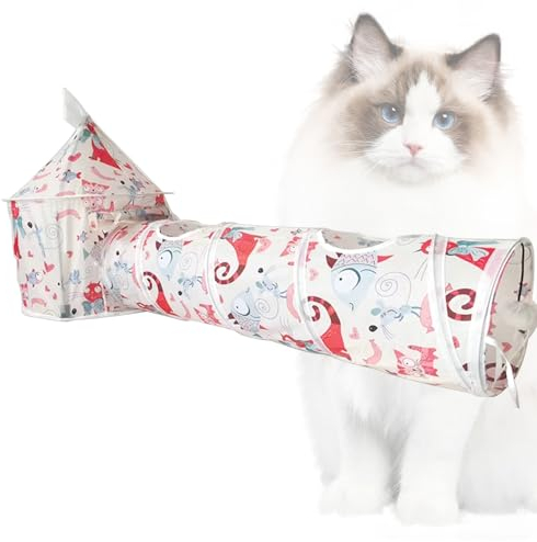 Tuzsocr Faltbar Tunnel für Katzen, Zeltf ür Katzen Groß Katzentunnel Katzenspielzeug mit Ball D45*31.5 * 64 D25*94CM (Bunte Kätzchen)