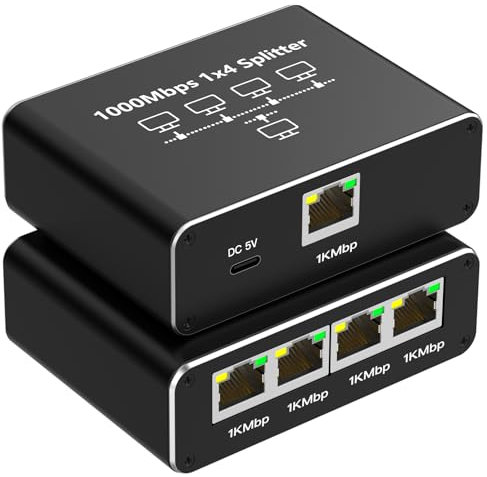 Omivine Ethernet Splitter 1 to 4, Gigabit Ethernet Switch, 1000Mbps RJ45 LAN Internet Splitter with USB-C Power Cable for Computer, Hub, Switch, Router, ADSL, Digital TV, etc Working Simultaneously