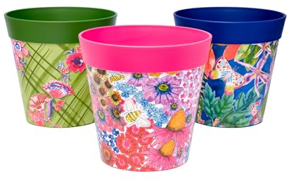 Hum Flowerpots, Juego de 3 macetas de plástico para Interiores y Exteriores, 15 cm, diseño Floral