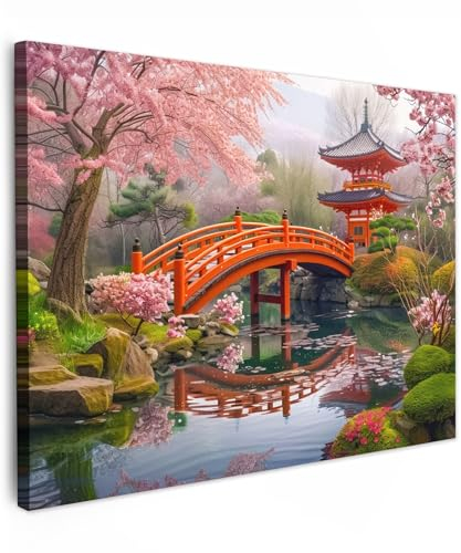 MuchoWow© Leinwand Bilder 70x50 cm Wanddeko Wohnzimmer Aesthetic Room Decor Deko Zimmer Wandbilder Modern Fotogeschenke Japanischer Garten - Kirschblüte - Brücke - Sakura-Bäume - Japan