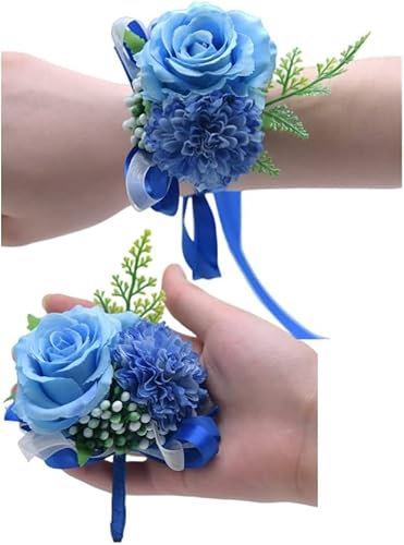 Set di 2 bouquet da polso e fiore all'occhiello, con rosa artificiale e garofano, fiori di seta fatti a mano per sposo, sposa, sposo, damigelle, matrimoni, feste, balli (blu)