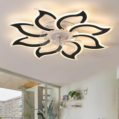 Caufloce Salón Ventilador De Techo Con Luz Reversible, Regulable Lamparas Ventilador De Techo APP, Moderno Lámpara Ventilador Timer 6 Velocidad Flor Para Dormitorio-black