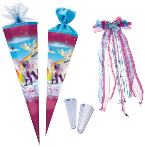 Nestler Schultüten-Set zum Befüllen, Handgemachte Zuckertüte aus Karton - Lizenzmotiv Bayala Drachen 2 von Schleich, Schultüte, Spitzenschutz, Schleife (70 cm rund)