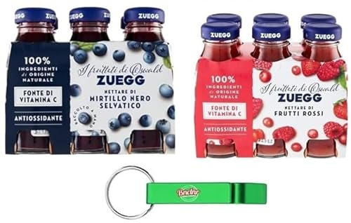 Zuegg Lot de 48 paquets de test Frutti Rossi + Mirtillo, jus de fruits rouges + jus de myrtille, boisson rafraîchissante sans alcool, bouteille en verre jetable de 125 ml + porte-clés Beni Culinari