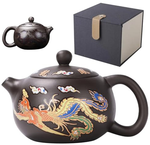Hperu Keramik -Teekanne Drache und Phoenix Chinesische Teekannenfarbe Kung Fu Tea Pot mit Griff und Infuser 250 ml traditioneller Teekanne Tee Geschenk, Geschenkbox Keramik Teekanne