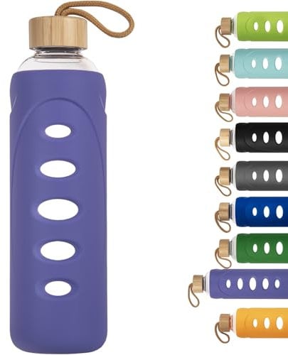 Ferexer 1 litre / 1l / 1000 ml Sport Borosilicate Glass Water Bottle with Protective Silicone Sleeve and Bamboo Lid (violet)