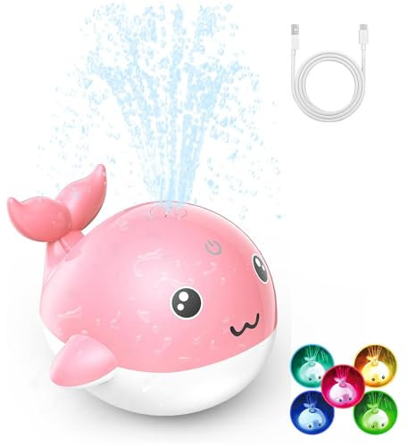 PHNIXGAM Juguete de baño para bebé, Recargable con luz, Ballena, aspersor, bañera, Piscina, Fuente de Agua, Juguete para niños pequeños (Rosa)