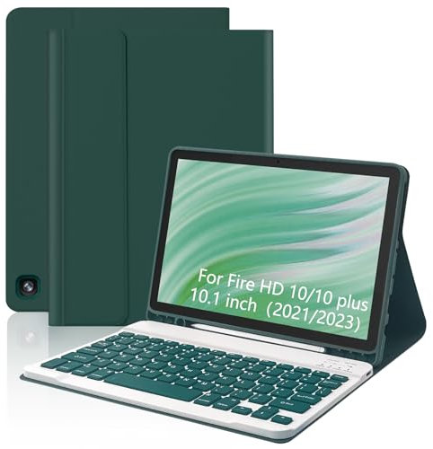 XCHYTECHER Keyboard Case for Amazon Fire HD 10/10 Plus 10.1 inch, Detachable Keyboard with Type-C Charging Port Cover (Dark Green+Dark Green)