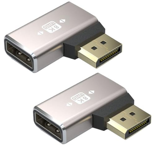HTGuoji 8K DisplayPort 1.4 Coupler Adapter, 90 Degree Right Angle DP Male to DP Female Extension Connector Support 8K@60Hz 4K@144Hz 1080p@240HZ, Full HD Stereo 3D 2pcs (Left)
