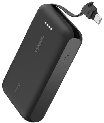 Belkin Portable Charger Power Bank USB C, 10000 mAh w/Integrated Cable, 20W Fast Charge USB-C Power Delivery, iPhone Charger, Apple iPhone 17, Air, Pro, Pro Max, iPad, Samsung Galaxy S25 - Black