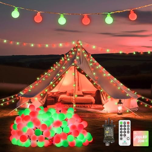 23 M 200 LED Fairy Lights Plug in Outdoor Globe String Lights Waterproof with Remote Timer Memory 8 Modes Christmas Lights for Bedroom Patio Garden Tree Party Holiday Indoor Decorations Red green