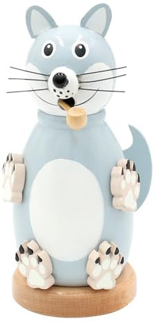 Holz Räuchermann, Räucherfigur, Räuchermännchen als Wolf mit Tatzen und Schnurrhaaren in grau, Größe: L/B/H 8 x 8 x 12 cm.
