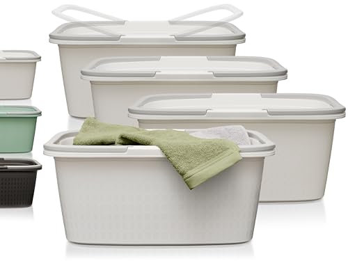 Hausfelder Wäschewanne mit Henkel 4er Set, Kunststoff Wanne Weiß 58x37x25cm, stapelbar Wäschekorb Plastik 35L, robust BPA-frei für Camping und Haushalt, klappbare Griffe