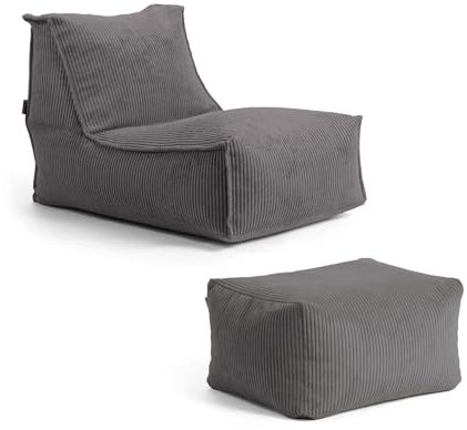 mokebo Sitzsack mit Hocker aus Cord 'Der Gelassene', Bean Bag, Relaxliege oder Bodenkissen mit EPS-Perlen Füllung, kuschelige und gemütliche Liege für Wohnzimmer und Wintergarten in Anthrazit