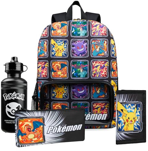 Pokemon Rucksack Kinder Set 4 Teilig Trinkflasche Federmäppchen und Lunchtasche oder Anime Geldbeutel für Schule Kita Freizeit (Multi 4er Set)