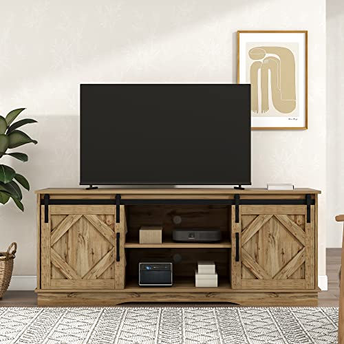 BTM Meuble TV 150cm, Meuble TV Industriel en Bois avec 2 Portes Coulissantes et Etagères Réglables, Style Rustique, Banc TV pour Téléviseurs de 65 Pouces, Charge de 80kg, 150x40x60cm, Brun Vintage