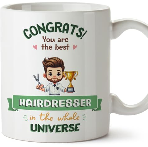 MUGFFINS Hairdresser Man Mug - in English - Best in Universe Trophy - Funny Gift for Colleagues - Ceramic 11oz Mug