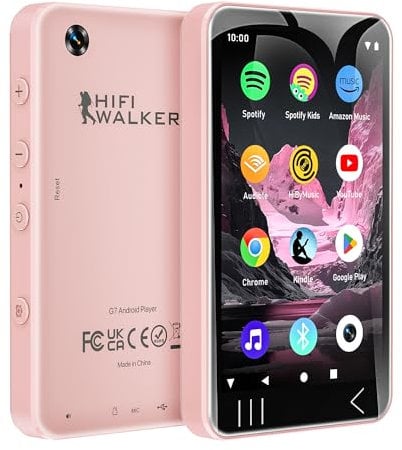 HIFI WALKER G7 MP3 Player with Camera and Speaker, 4 Inch Touchscreen Android 13 MP3 Player, Bluetooth WiFi Music Player with Spotify, 2000mAh, Speaker, Expandable Storage up to 128GB - Pink