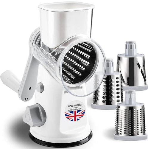 Rotary Cheese Grater with 3 Replaceable Stainless Steel Drum Blades and Strong Suction Base Kitchen Round Rotary Cheese Grater UK for Vegetables,Fruits,Nuts,The Perfect Kitchen Tool (Black)