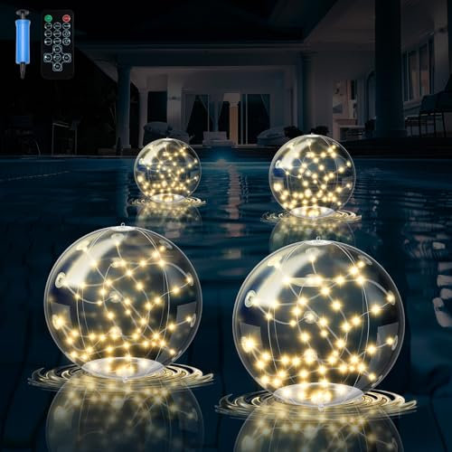 Nowlaby Lot de 4 lampes solaires flottantes pour piscine, 3 000 K, blanc chaud, LED à énergie solaire, étanchéité IP68, boules lumineuses avec télécommande pour piscine, plage, cour, fête de mariage