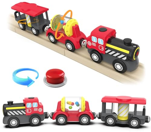 DxxD Treno a Vapore a Batteria, Treno Elettrico per Bambini (Connessione Magnetica), Trenino Legno Giocattolo Bambini Compatibile con Thomas, Brio, Giocattolo Regali per Ragazze Ragazzi 3+ Anni